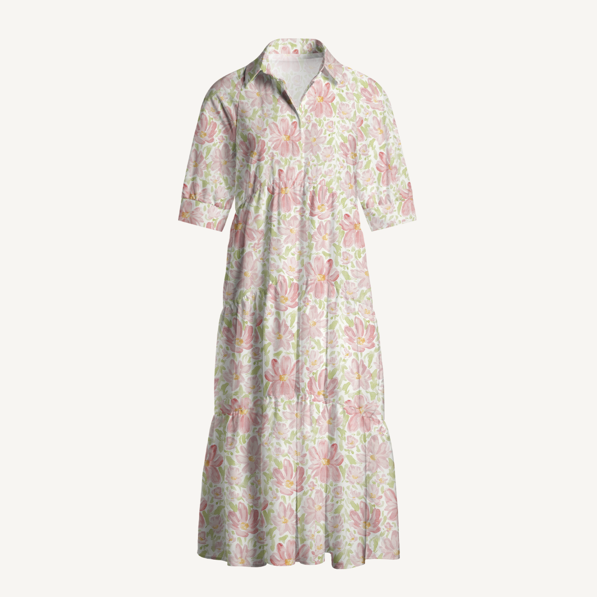 V Neck Collared Cosmos Flower Women Midi Dress With Pockets