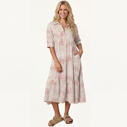 V Neck Collared Cosmos Flower Women Midi Dress With Pockets