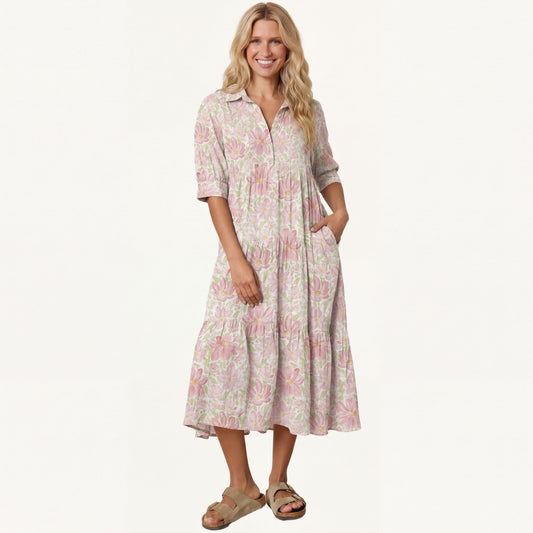 V Neck Collared Cosmos Flower Women Midi Dress With Pockets