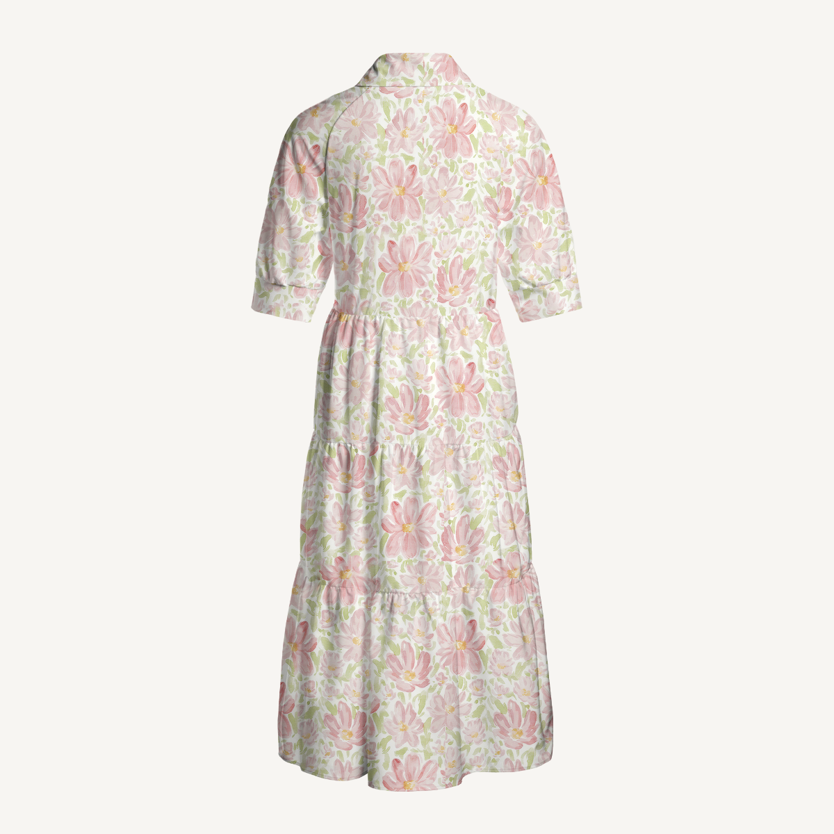 V Neck Collared Cosmos Flower Women Midi Dress With Pockets