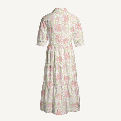 V Neck Collared Cosmos Flower Women Midi Dress With Pockets