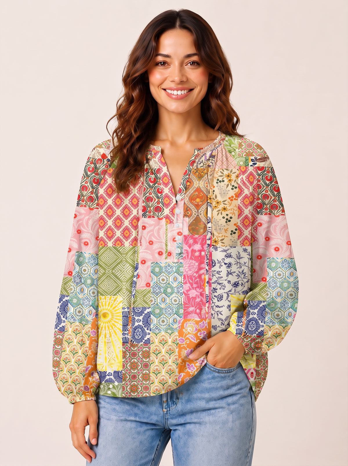 Colorful Bohemian Patchwork Print Boho Long Sleeve Tie‑Neck Blouse