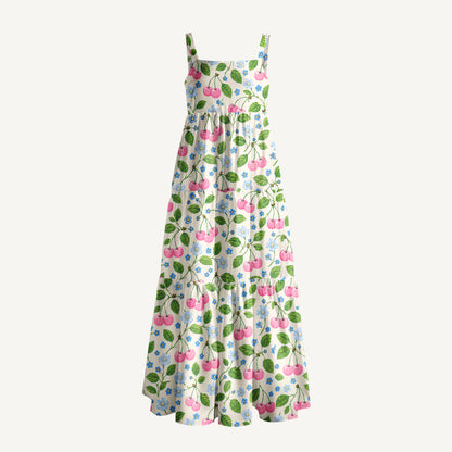 Cherry Blossom Garden Pattern Print Wide Straps Maxi Dress With Pockets