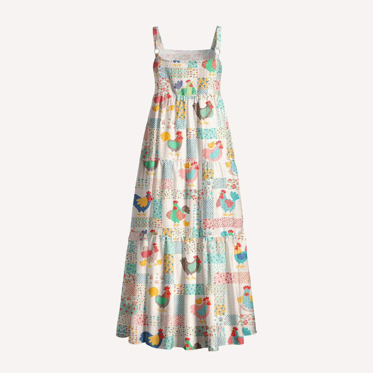 Country Cottage Chicken Print Wide Straps Maxi Dress With Pockets