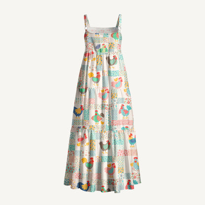 Country Cottage Chicken Print Wide Straps Maxi Dress With Pockets