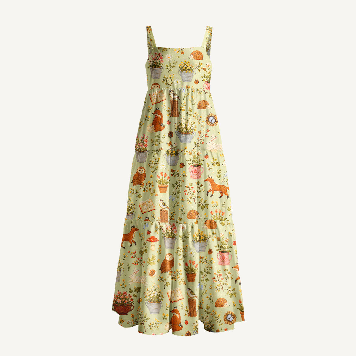 Cozy Woodland Cottage Print Wide Straps Maxi Dress With Pockets