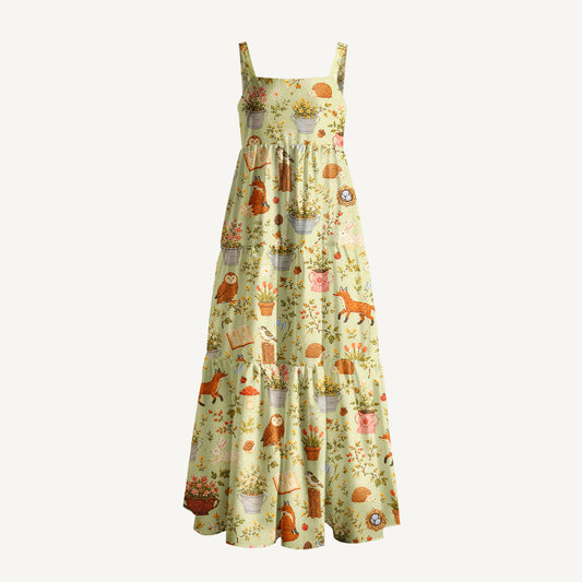Cozy Woodland Cottage Print Wide Straps Maxi Dress With Pockets
