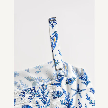 Delft Blue Coastal Garden Print Wide Straps Maxi Dress With Pockets