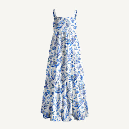Delft Blue Coastal Garden Print Wide Straps Maxi Dress With Pockets