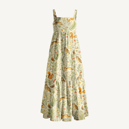 Enchanted Woodland Friends Print Wide Straps Maxi Dress With Pockets