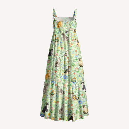 Floral Cats Parade Print Wide Straps Maxi Dress With Pockets