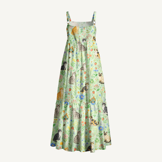 Floral Cats Parade Print Wide Straps Maxi Dress With Pockets