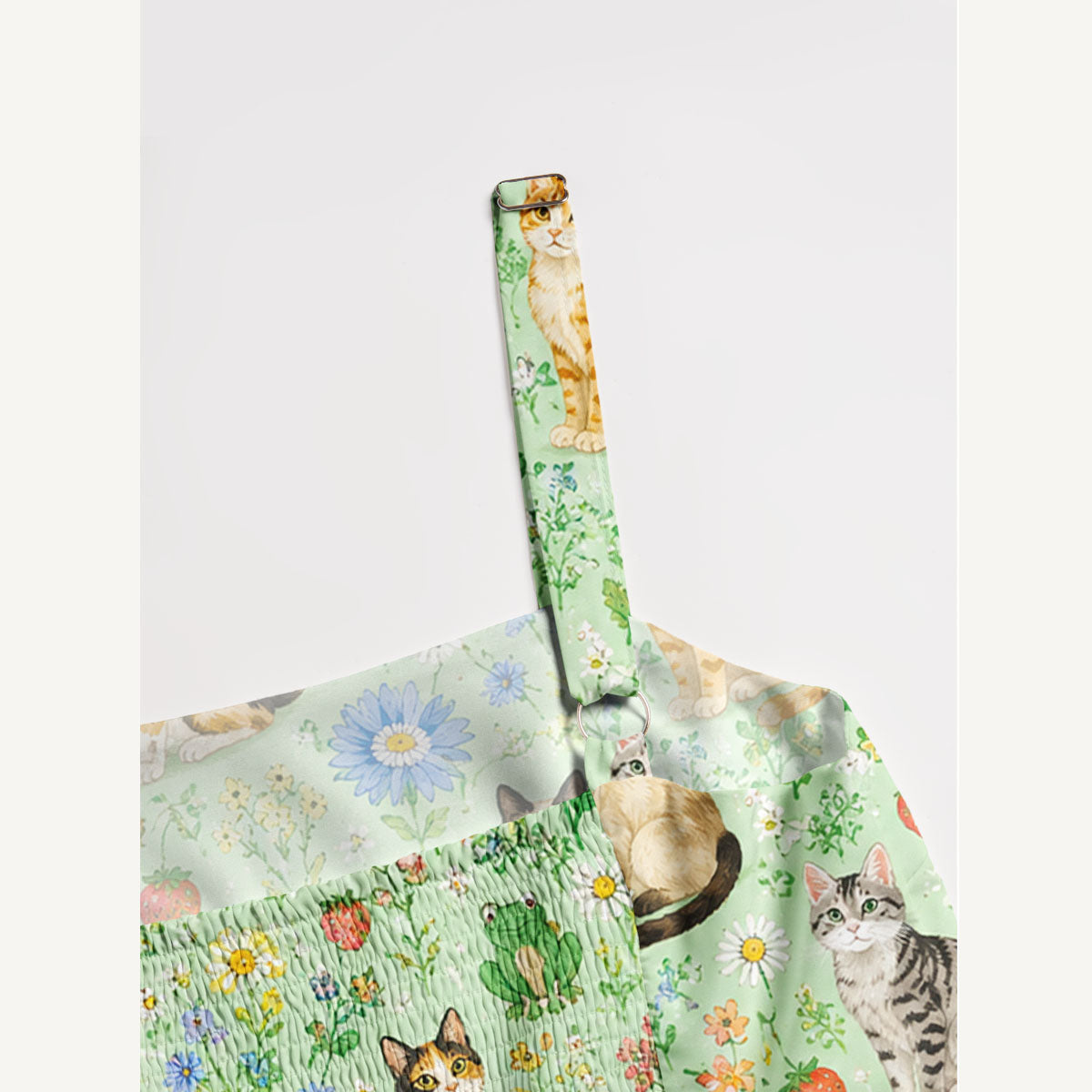 Floral Cats Parade Print Wide Straps Maxi Dress With Pockets