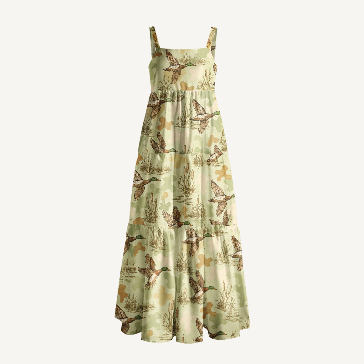 Flying Mallard Duck Print Wide Straps Maxi Dress With Pockets