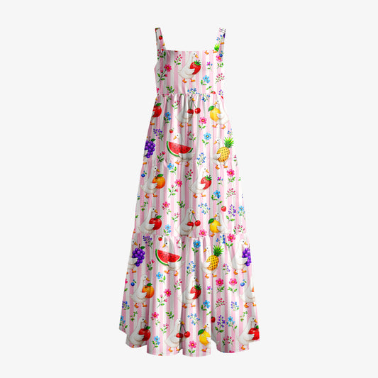 Fruit Goose Garden Print Wide Straps Maxi Dress With Pockets