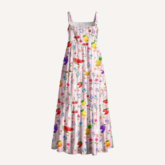 Fruit Goose Garden Print Wide Straps Maxi Dress With Pockets