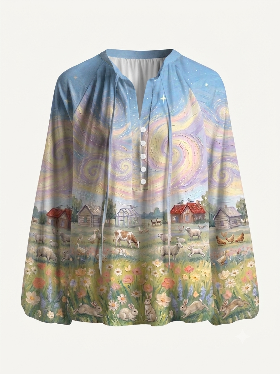 Pastoral Dawn Dreamscape Print Boho Long Sleeve Tie‑Neck Blouse