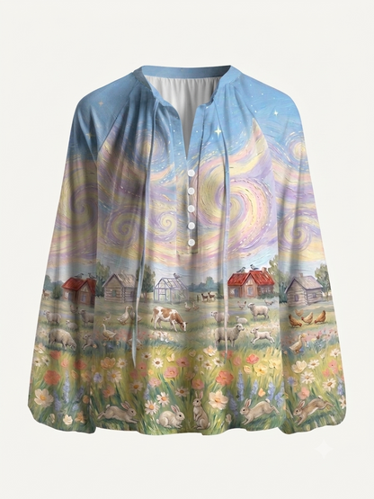 Pastoral Dawn Dreamscape Print Boho Long Sleeve Tie‑Neck Blouse