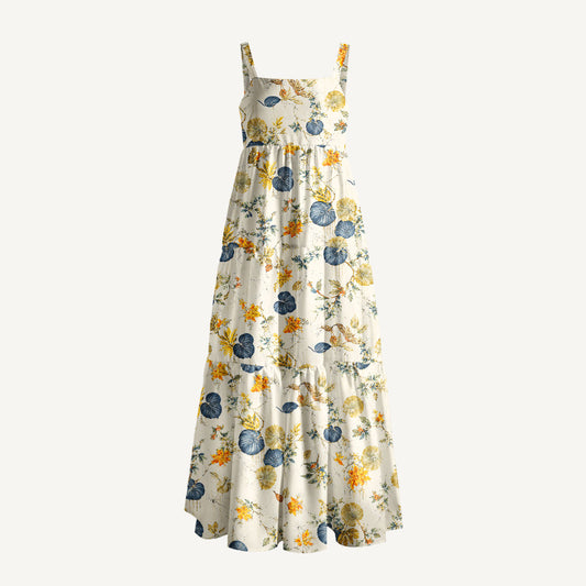 Golden Wild Botanicals Print Wide Straps Maxi Dress With Pockets