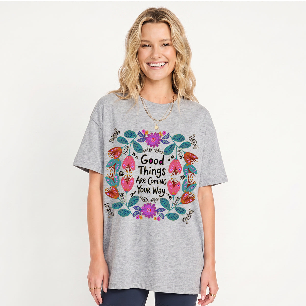 Good Things Are Coming Your Way Print Crew Neck Cotton Tee