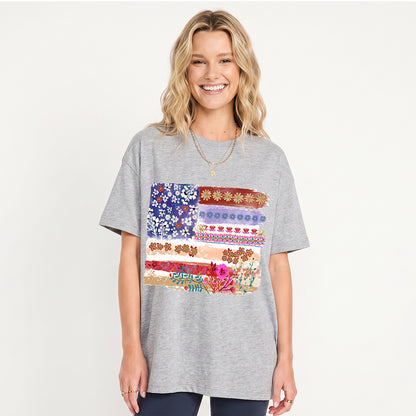 Flower Flag Print Crew Neck Cotton Tee