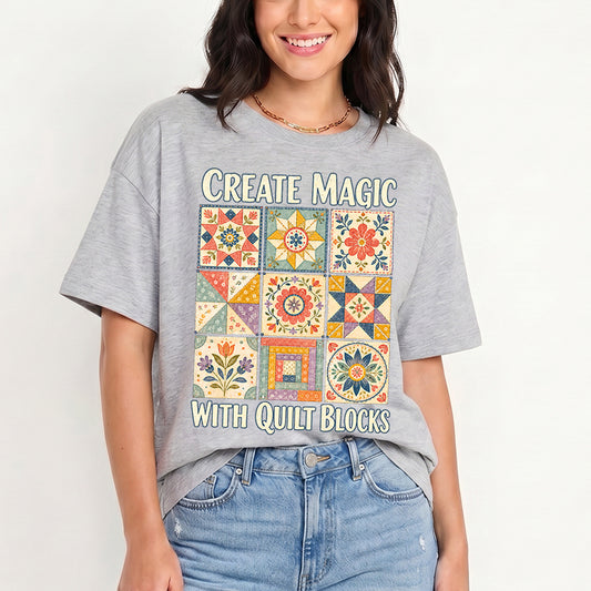 Magic Quilt Blocks Print Crew Neck Cotton Tee