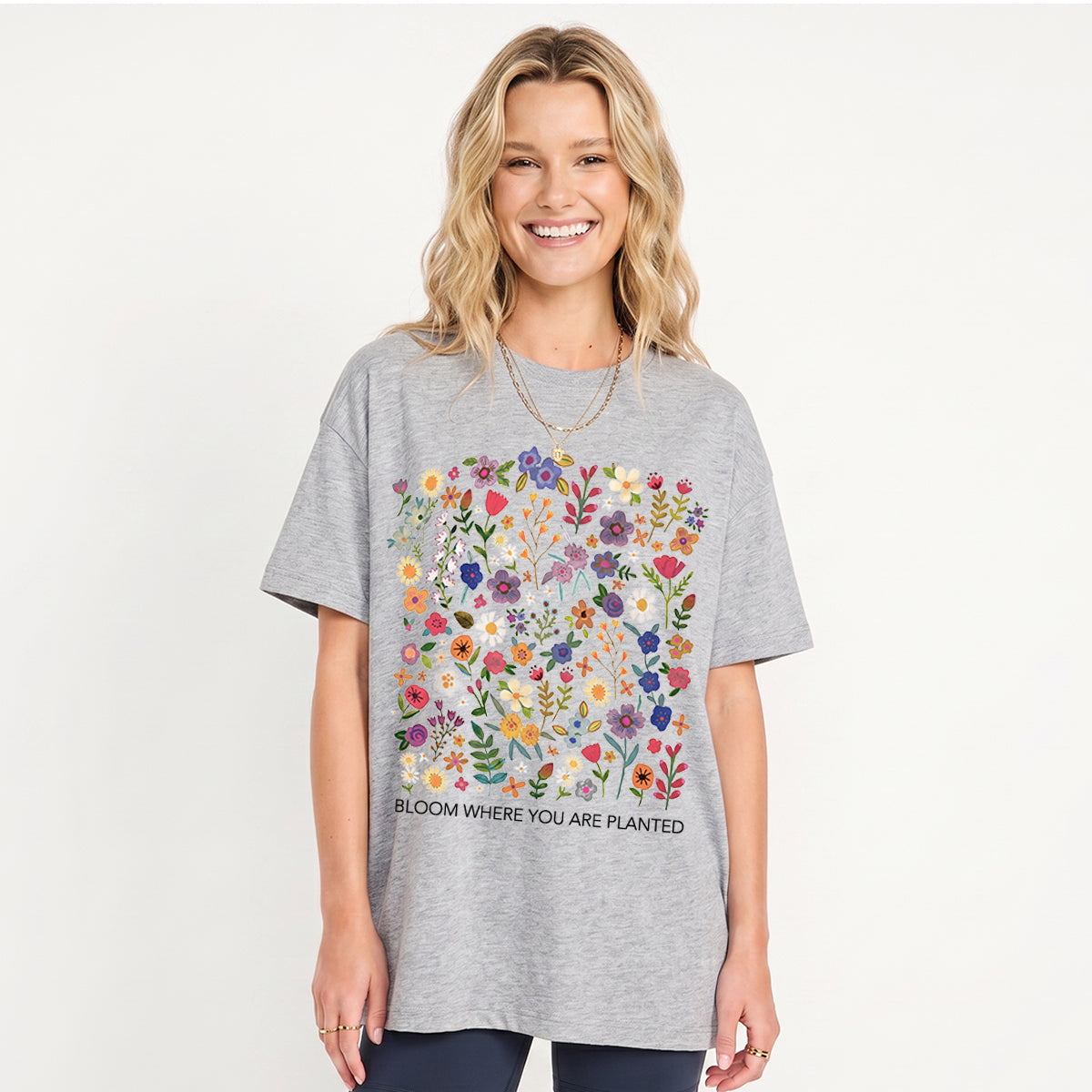 Bloom Where You Are Planted Print Crew Neck Cotton Tee