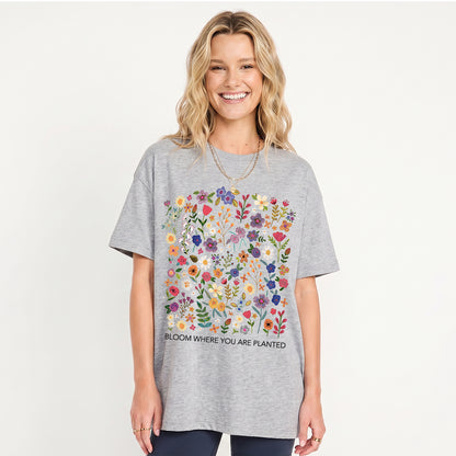Bloom Where You Are Planted Print Crew Neck Cotton Tee