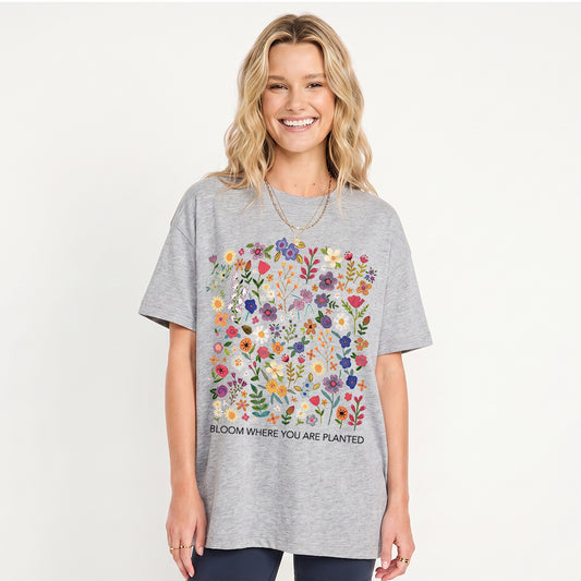 Bloom Where You Are Planted Print Crew Neck Cotton Tee