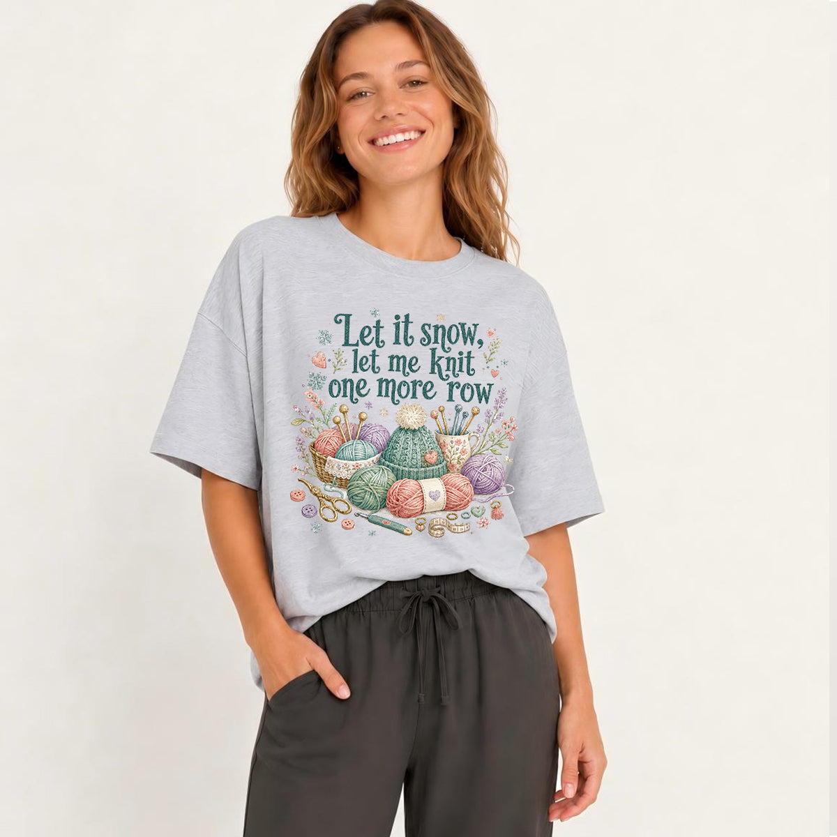 Cozy Snowy Knit Rows Print Crew Neck Cotton Tee
