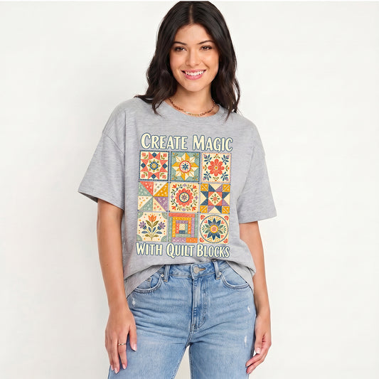 Magic Quilt Blocks Print Crew Neck Cotton Tee
