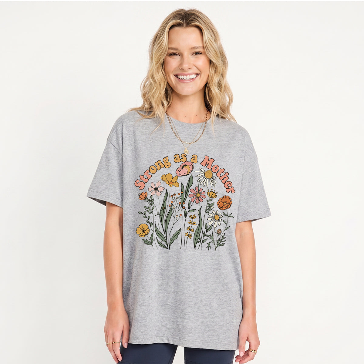 Strong As A Mother Print Crew Neck Cotton Tee
