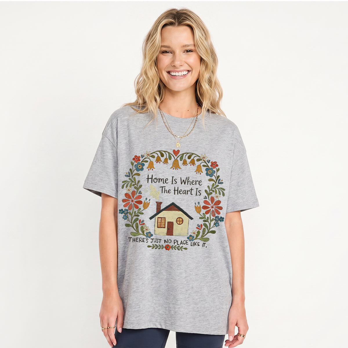 Home Is Where The Heart Is Print Crew Neck Cotton Tee