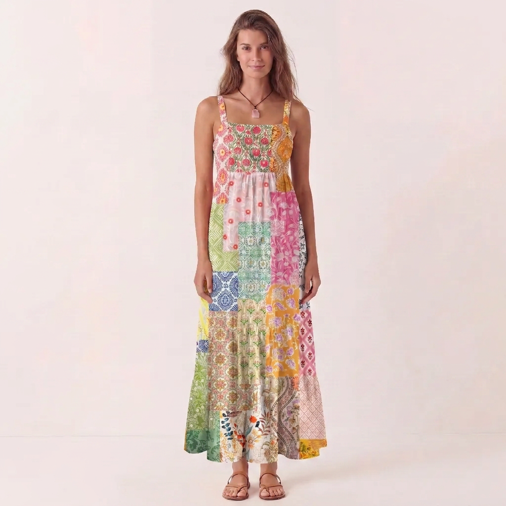 Colorful Bohemian Patchwork Print Wide Straps Maxi Dress With Pockets