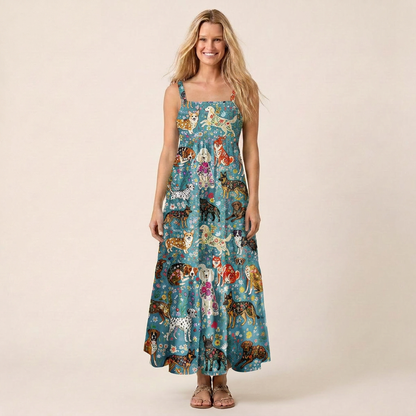 Cute Flower Dog Print Wide Straps Maxi Dress With Pockets