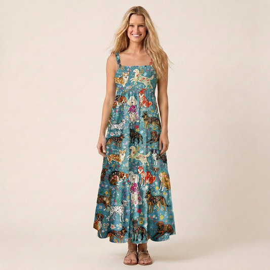 Cute Flower Dog Print Wide Straps Maxi Dress With Pockets