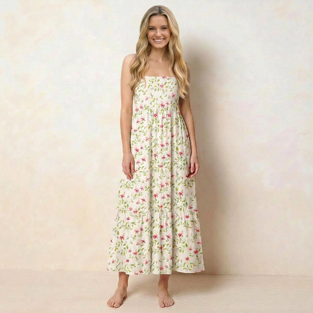 Square Neck Ruby Vine Print Wide Straps Maxi Dress With Pockets
