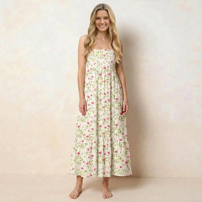 Square Neck Ruby Vine Print Wide Straps Maxi Dress With Pockets
