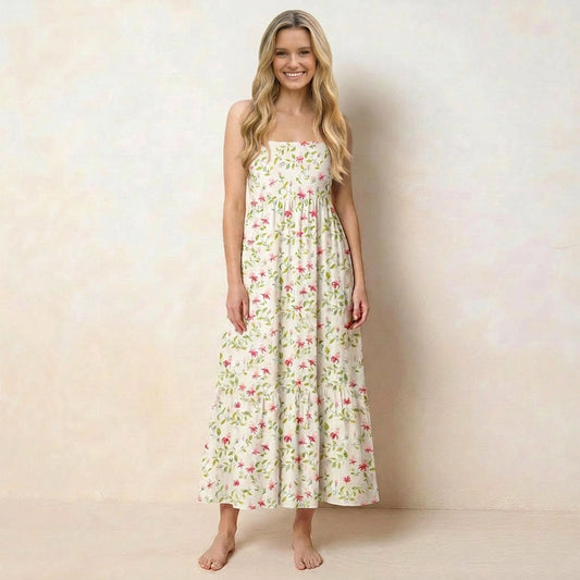 Square Neck Ruby Vine Print Wide Straps Maxi Dress With Pockets