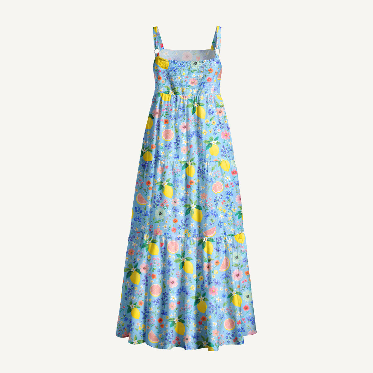 Lemon Blossom Garden Print Wide Straps Maxi Dress With Pockets