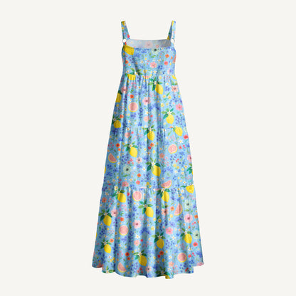 Lemon Blossom Garden Print Wide Straps Maxi Dress With Pockets