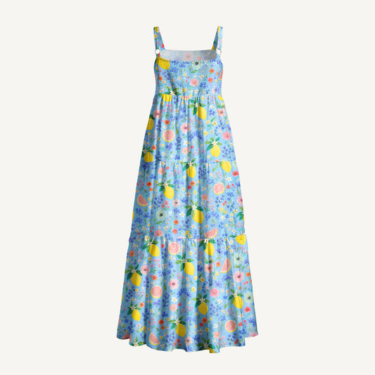 Lemon Blossom Garden Print Wide Straps Maxi Dress With Pockets