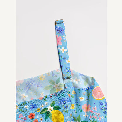 Lemon Blossom Garden Print Wide Straps Maxi Dress With Pockets