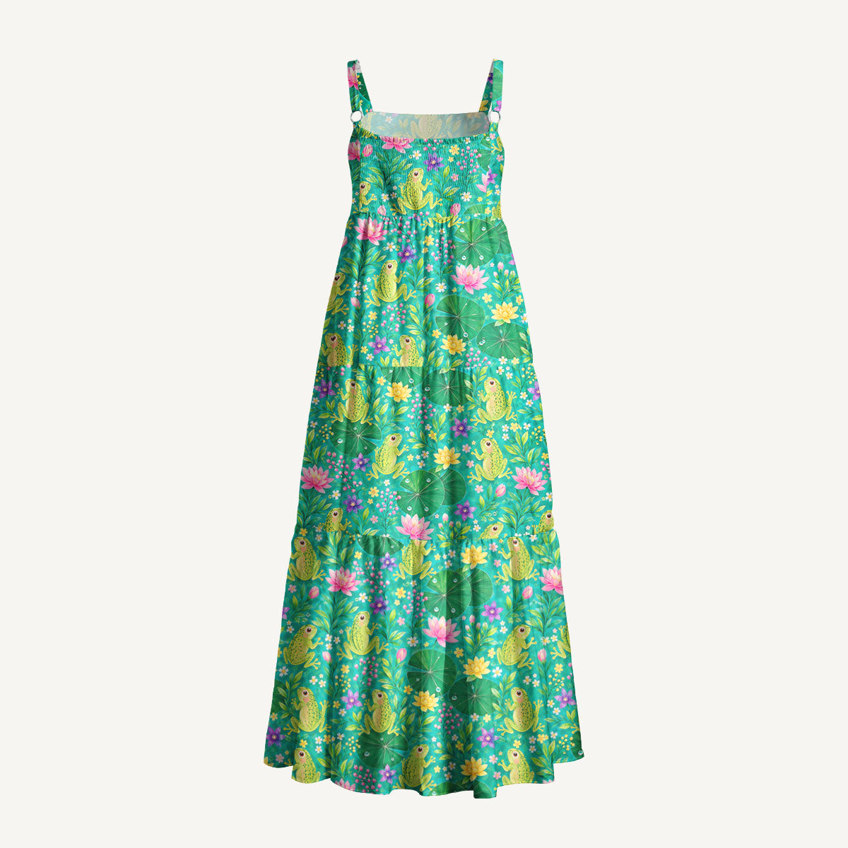Lotus Pond Frog Print Wide Straps Maxi Dress With Pockets