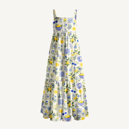Mediterranean Lemon Garden Print Wide Straps Maxi Dress With Pockets