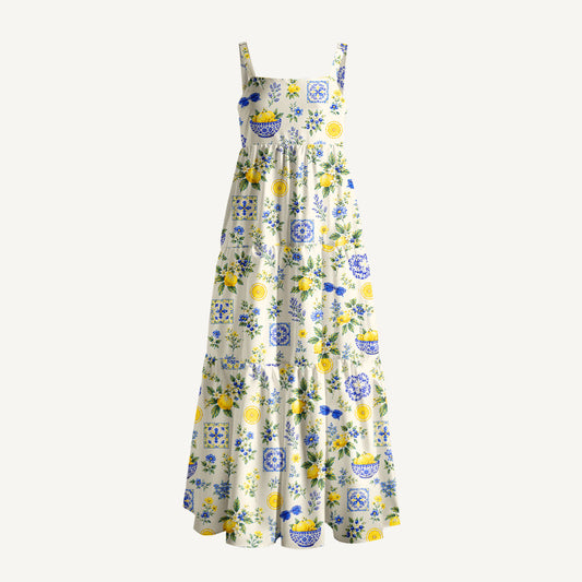 Mediterranean Lemon Garden Print Wide Straps Maxi Dress With Pockets