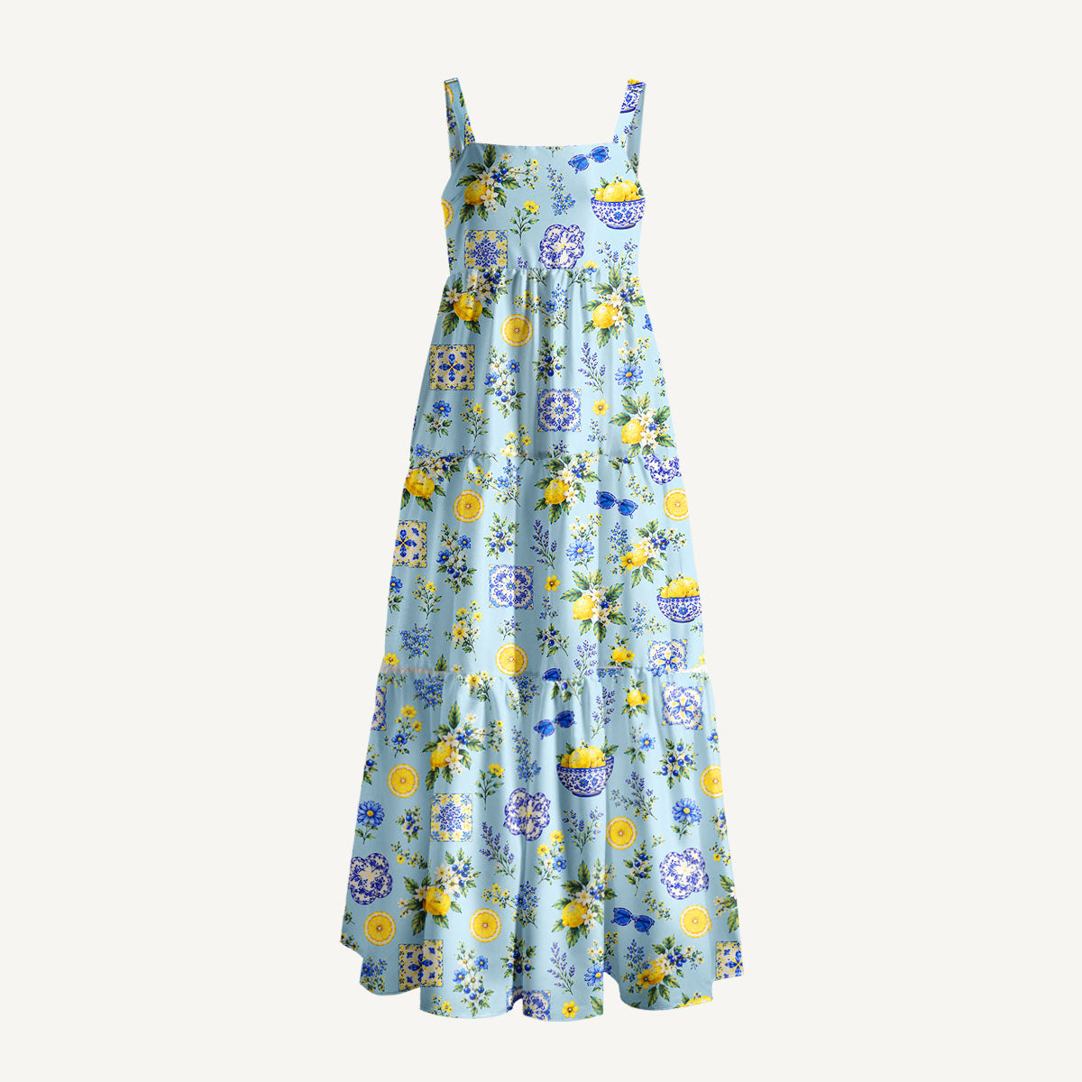 Mediterranean Lemon Garden Print Wide Straps Maxi Dress With Pockets