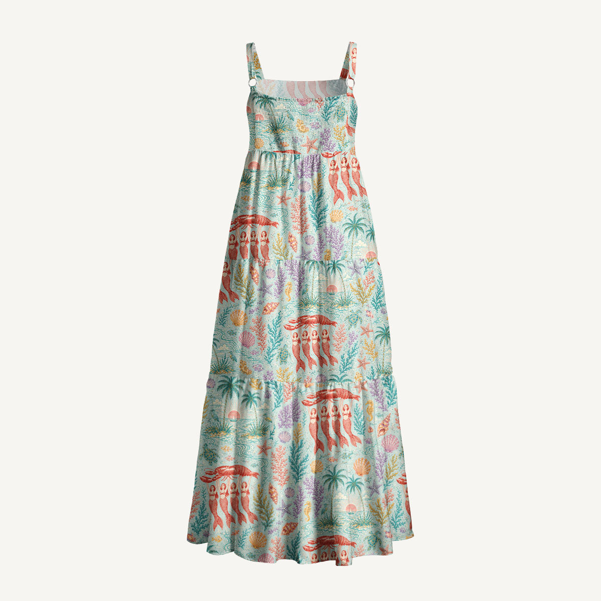 Mermaid Lobster Print Wide Straps Maxi Dress With Pockets