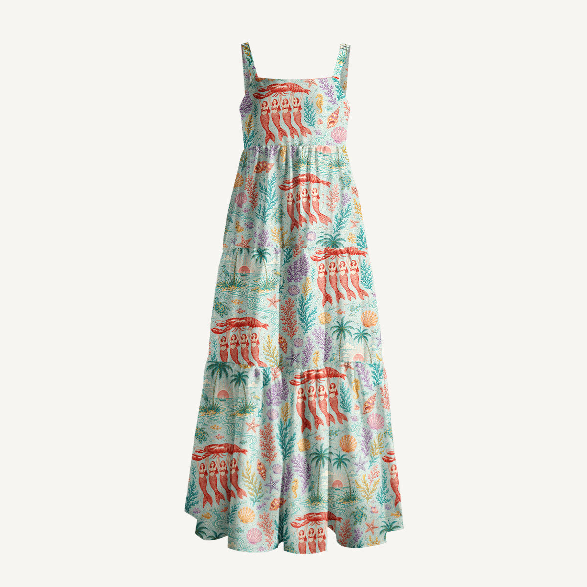 Mermaid Lobster Print Wide Straps Maxi Dress With Pockets
