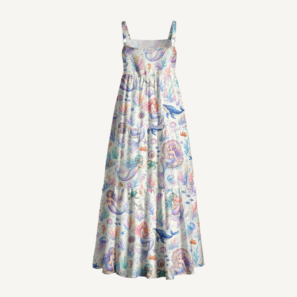 Mermaid Sea Print Wide Straps Maxi Dress With Pockets